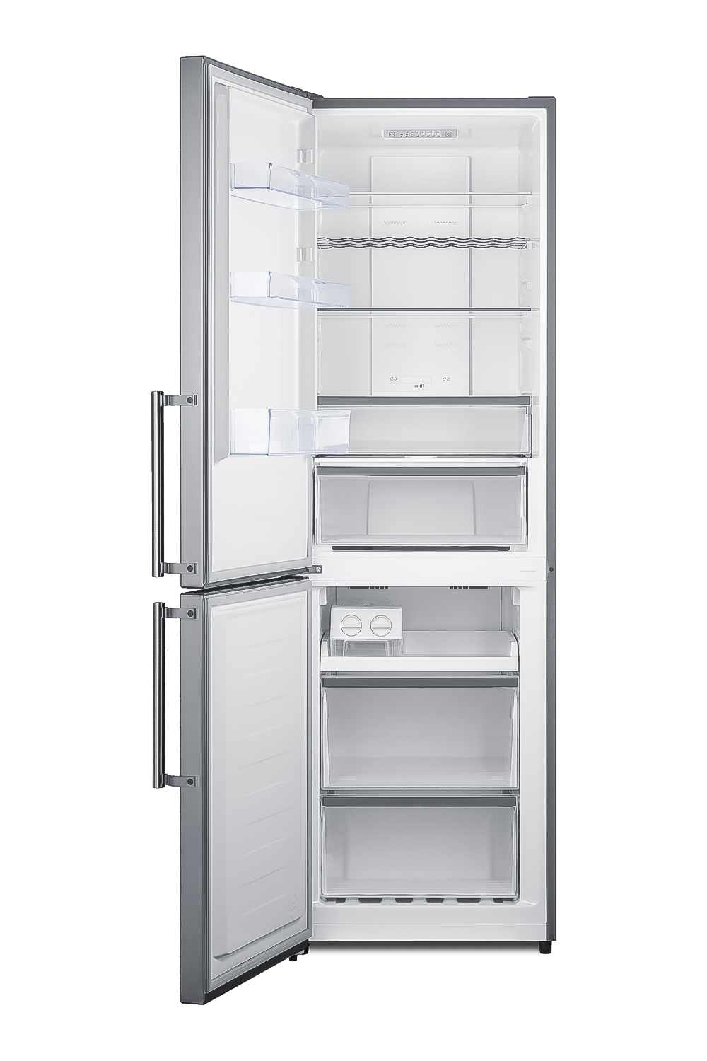 ENERGY STAR certified bottom freezer refrigerator in a stainless steel look with digital controls and a counter depth fit